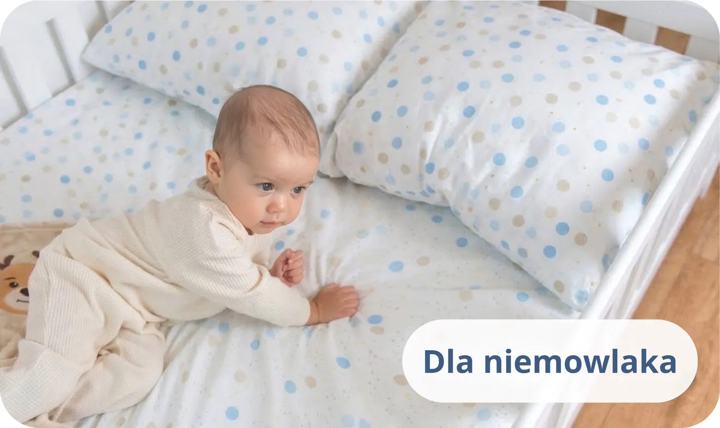 Niemowlę leżące na brzuszku na białym łóżku w pościeli w niebieskie kropki.